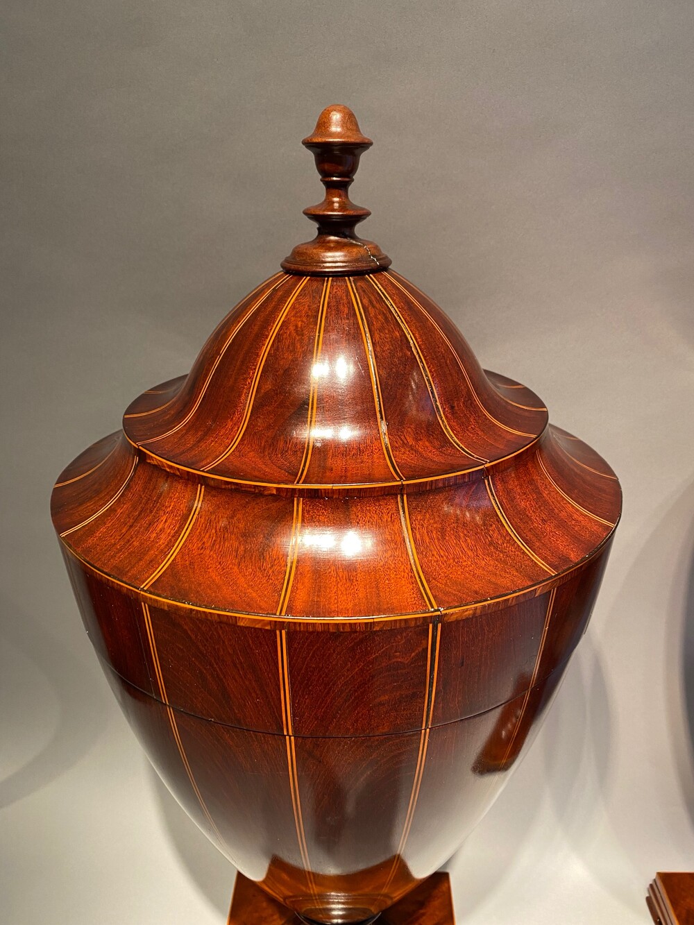 A large matched pair of English mahogany urns 