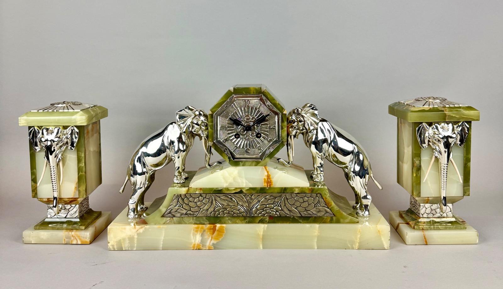 French Art Deco Onyx & silver plated Elephant Clock Garniture