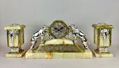 French Art Deco Onyx & silver plated Elephant Clock Garniture