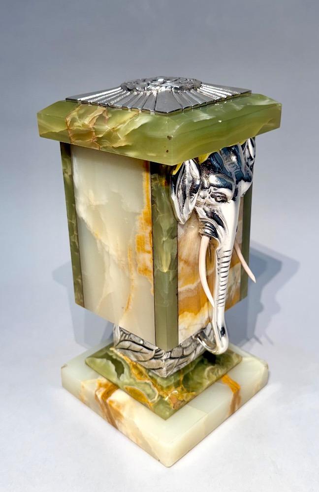 French Art Deco Onyx & silver plated Elephant Clock Garniture