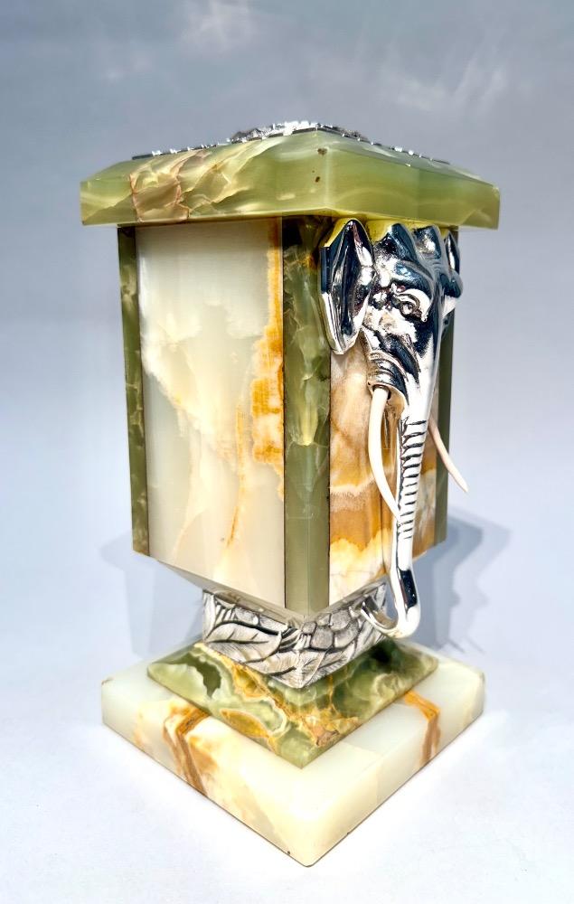 French Art Deco Onyx & silver plated Elephant Clock Garniture