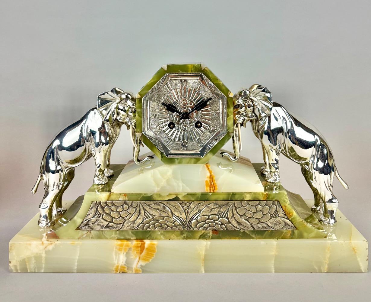 French Art Deco Onyx & silver plated Elephant Clock Garniture