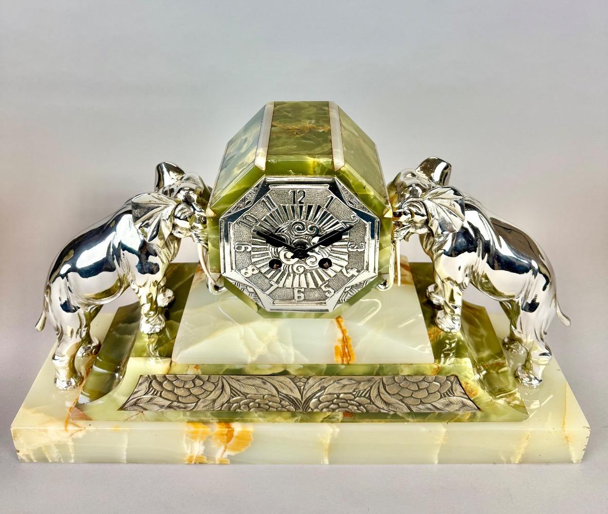 French Art Deco Onyx & silver plated Elephant Clock Garniture