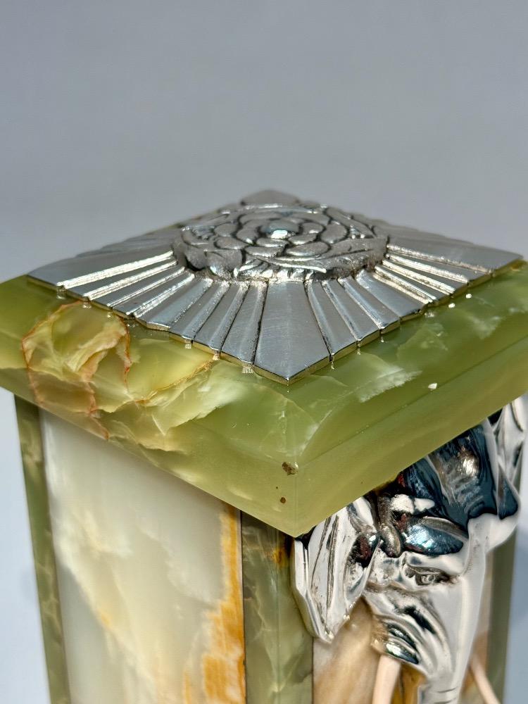 French Art Deco Onyx & silver plated Elephant Clock Garniture