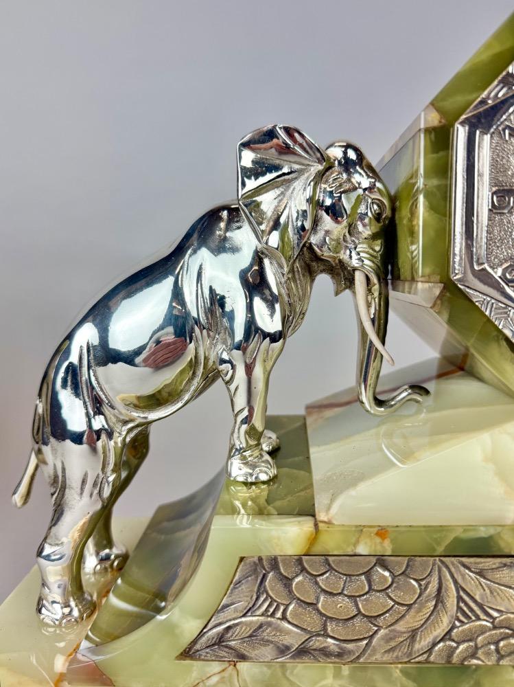 French Art Deco Onyx & silver plated Elephant Clock Garniture