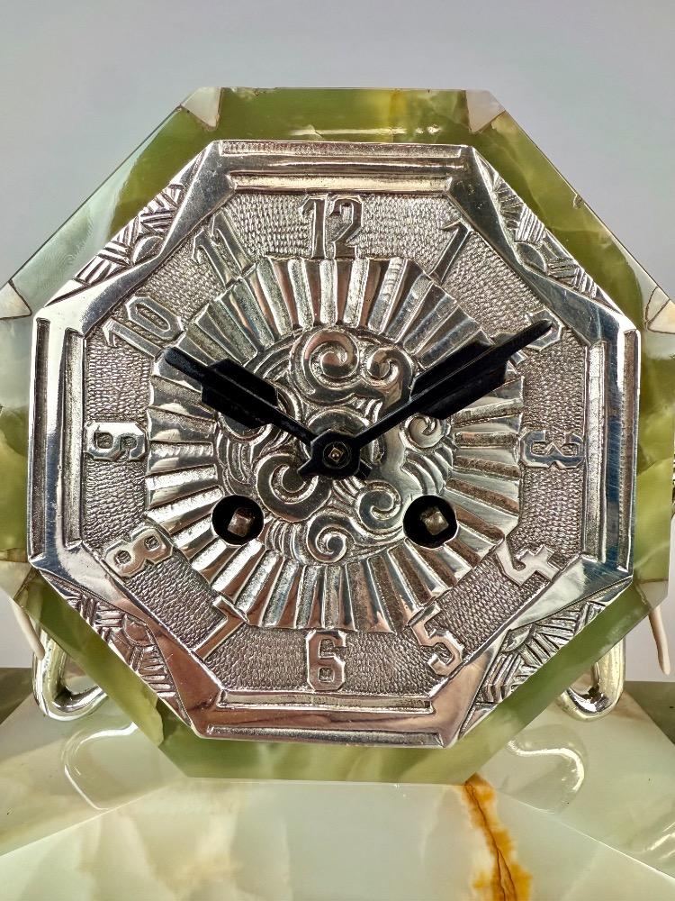 French Art Deco Onyx & silver plated Elephant Clock Garniture