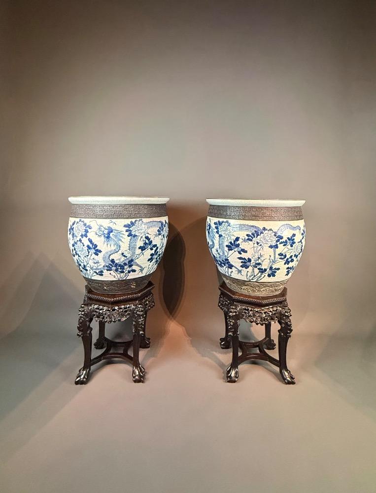 Important Pair of Nankin Planters with Carved Hardwood Stands - China, circa 1880-1900, Late 19th Century