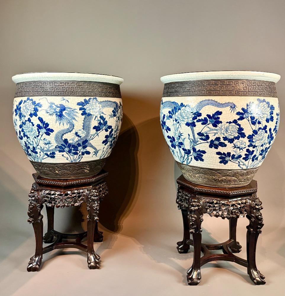 Important Pair of Nankin Planters with Carved Hardwood Stands - China, circa 1880-1900, Late 19th Century