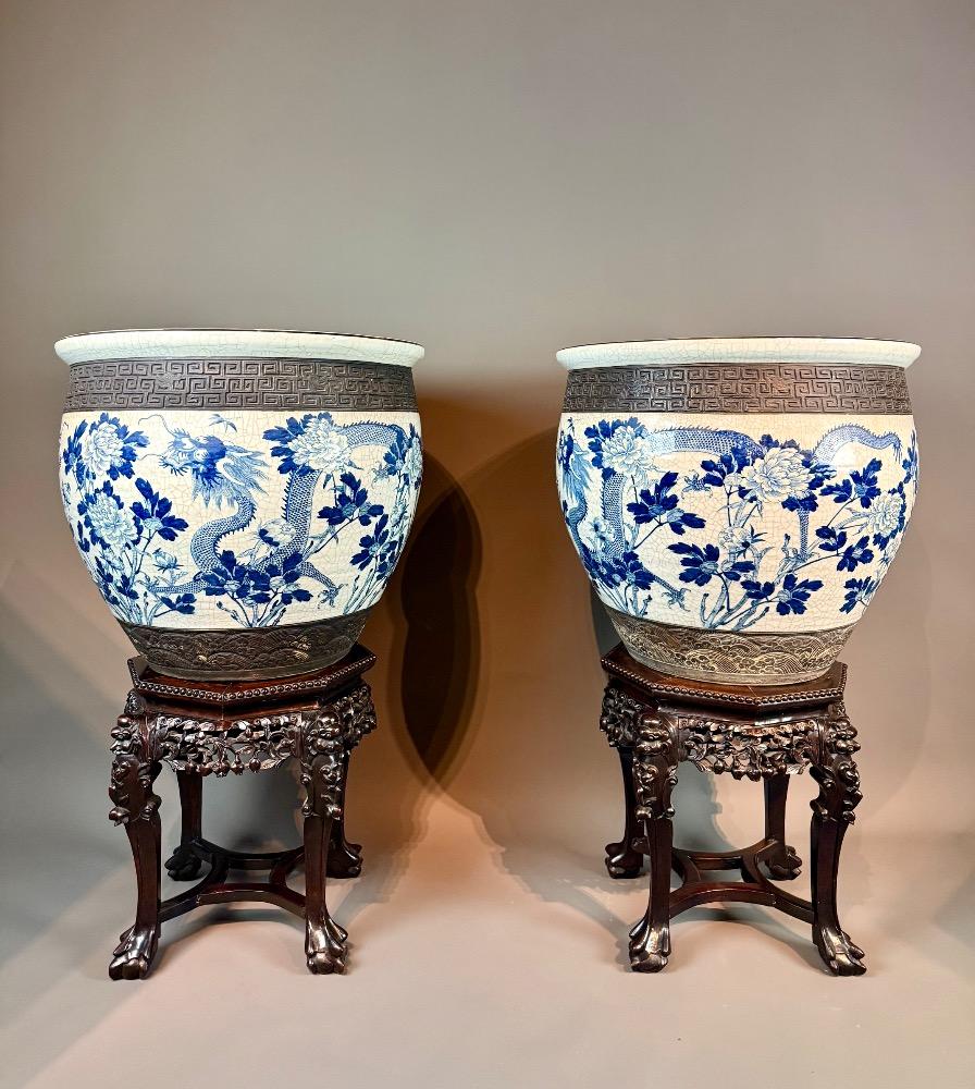 Important Pair of Nankin Planters with Carved Hardwood Stands - China, circa 1880-1900, Late 19th Century