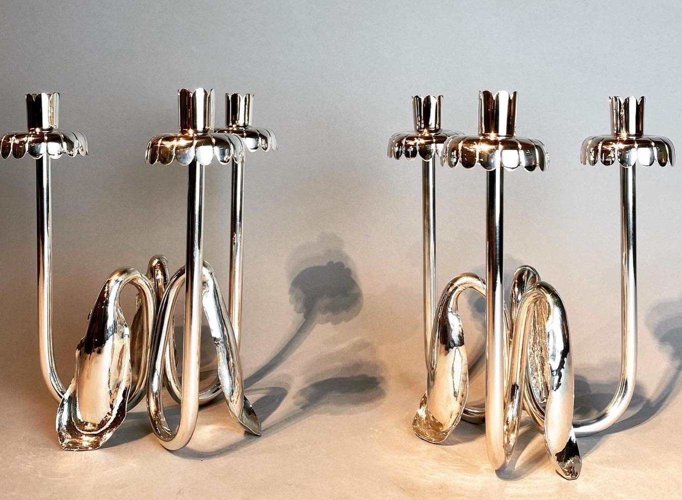 Pair elegant 20th Century  Art Nouveau silver candelabra.