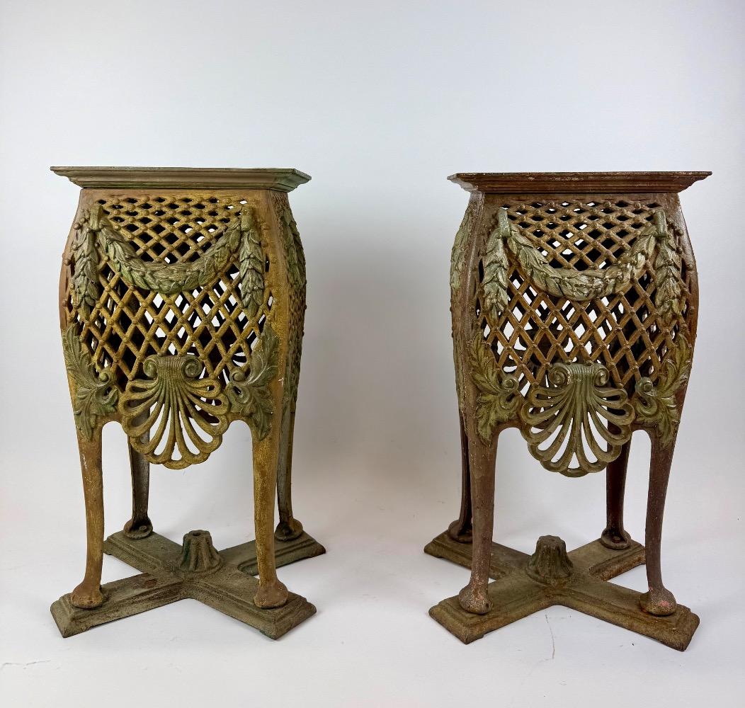 Pair of Antique Cast Iron Jardinière Stands – Original Polychrome 