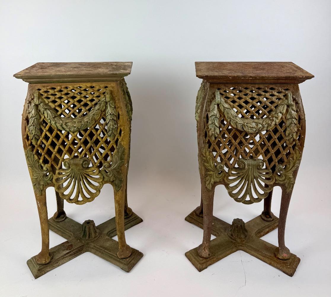 Pair of Antique Cast Iron Jardinière Stands – Original Polychrome 