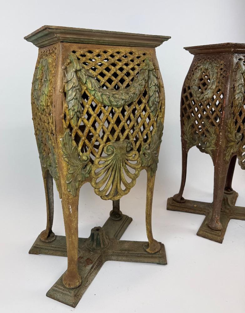 Pair of Antique Cast Iron Jardinière Stands – Original Polychrome 