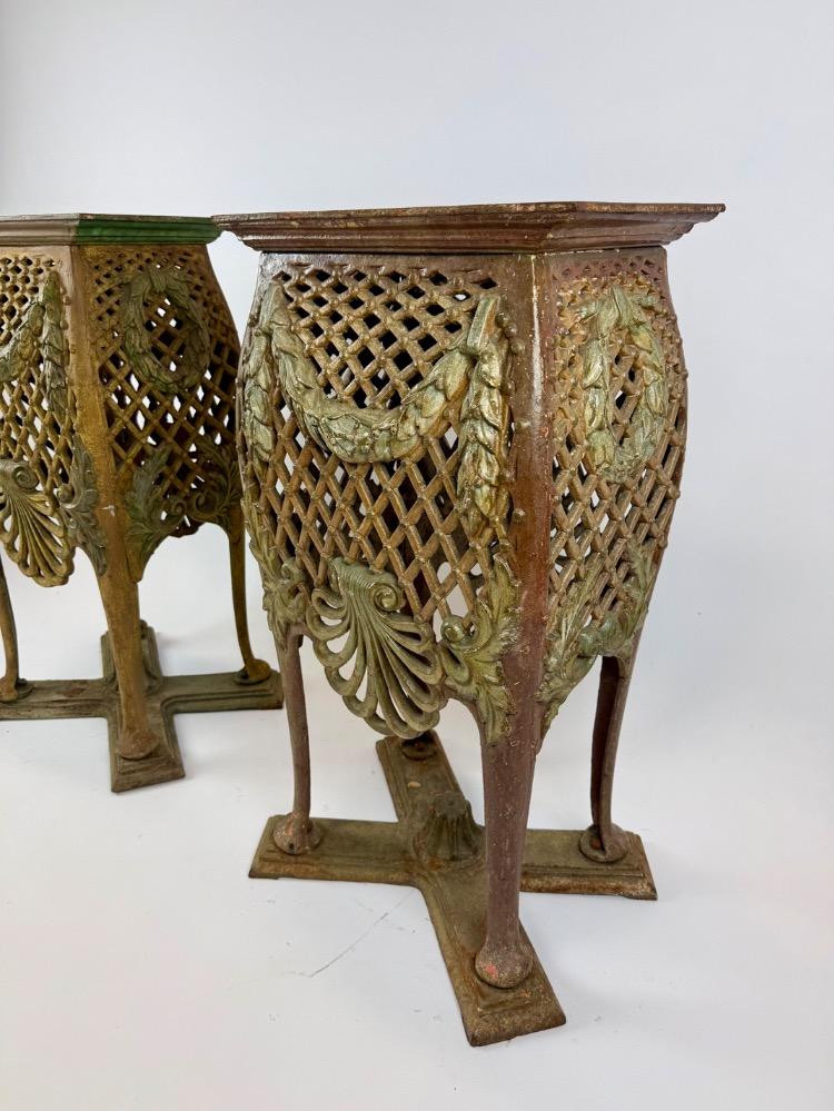 Pair of Antique Cast Iron Jardinière Stands – Original Polychrome 