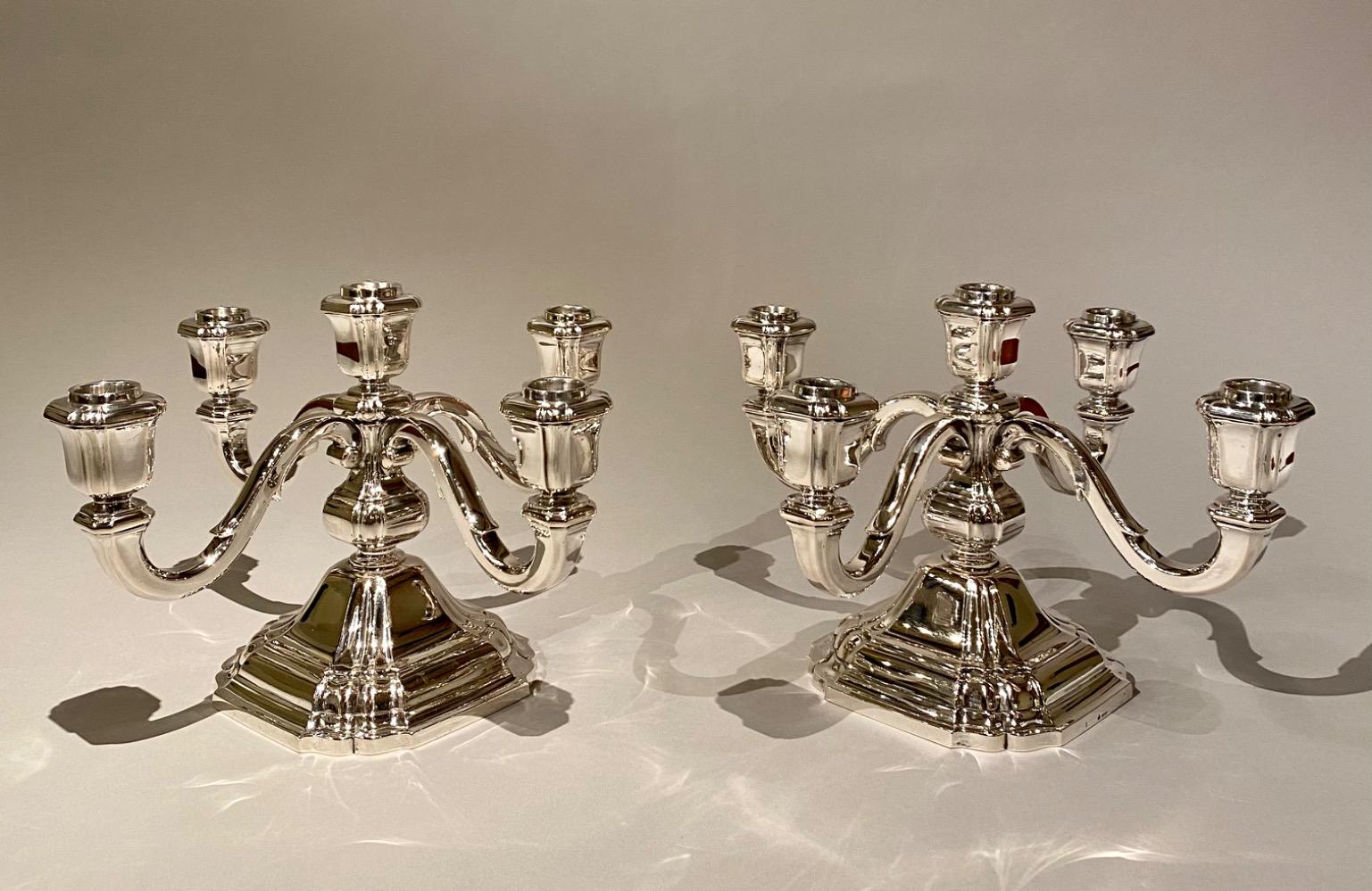 Pair of beautiful five arm solid silver (800/1000) Art Deco candelabra by Raymond Ruys, Antwerp c. 1930s.