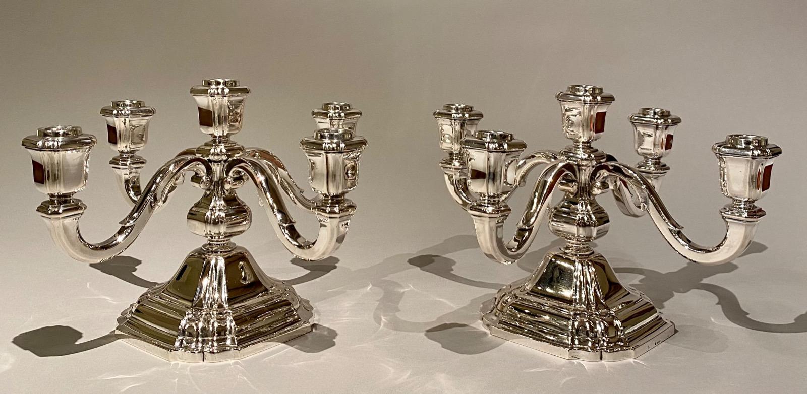 Pair of beautiful five arm solid silver (800/1000) Art Deco candelabra by Raymond Ruys, Antwerp c. 1930s.