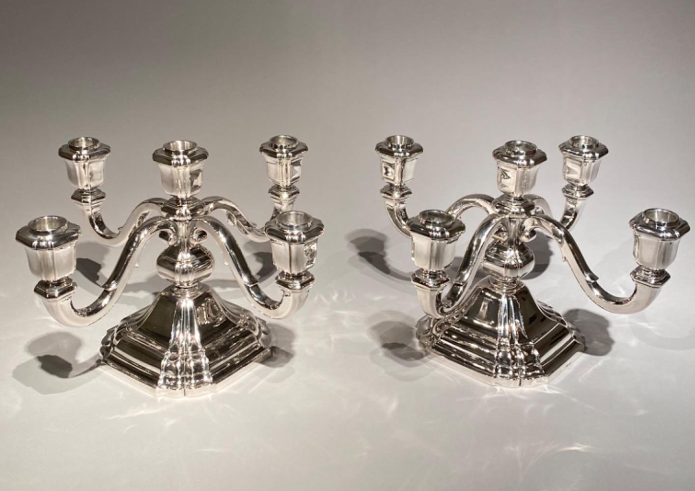 Pair of beautiful five arm solid silver (800/1000) Art Deco candelabra by Raymond Ruys, Antwerp c. 1930s.