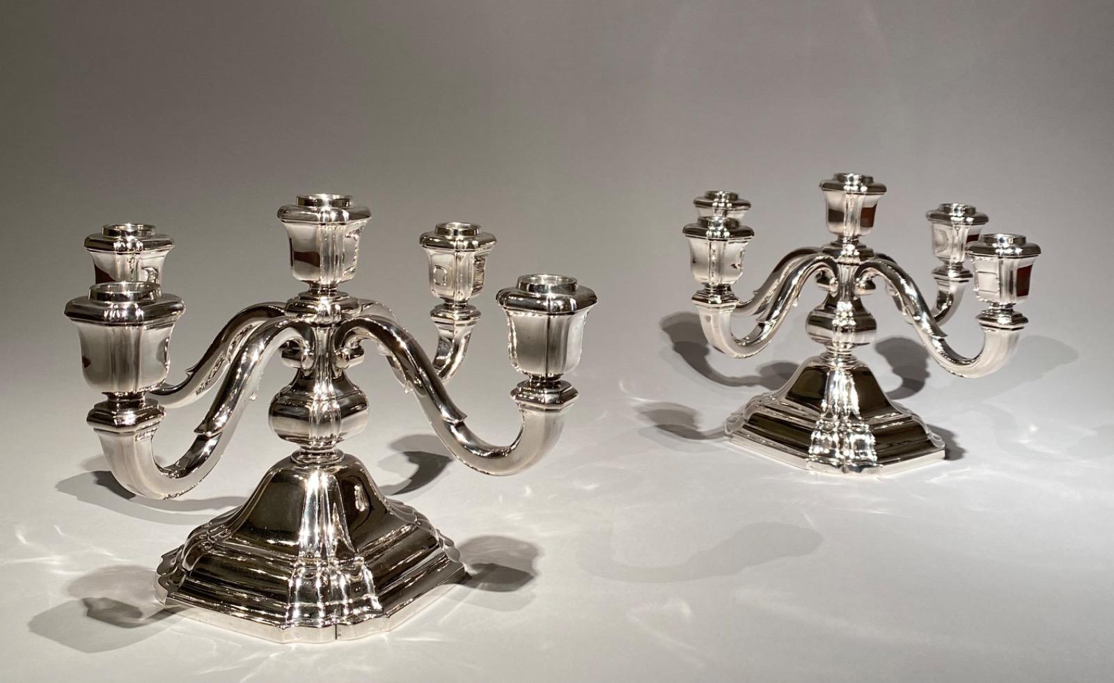 Pair of beautiful five arm solid silver (800/1000) Art Deco candelabra by Raymond Ruys, Antwerp c. 1930s.