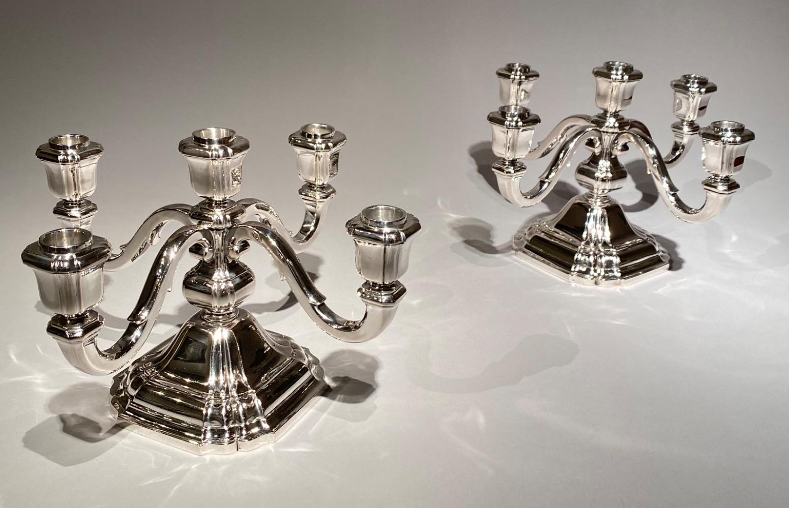 Pair of beautiful five arm solid silver (800/1000) Art Deco candelabra by Raymond Ruys, Antwerp c. 1930s.