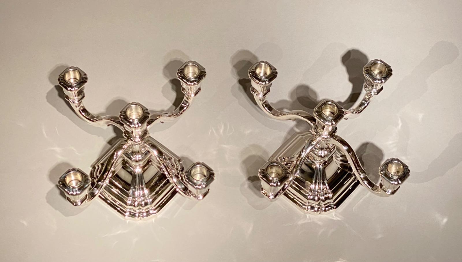 Pair of beautiful five arm solid silver (800/1000) Art Deco candelabra by Raymond Ruys, Antwerp c. 1930s.