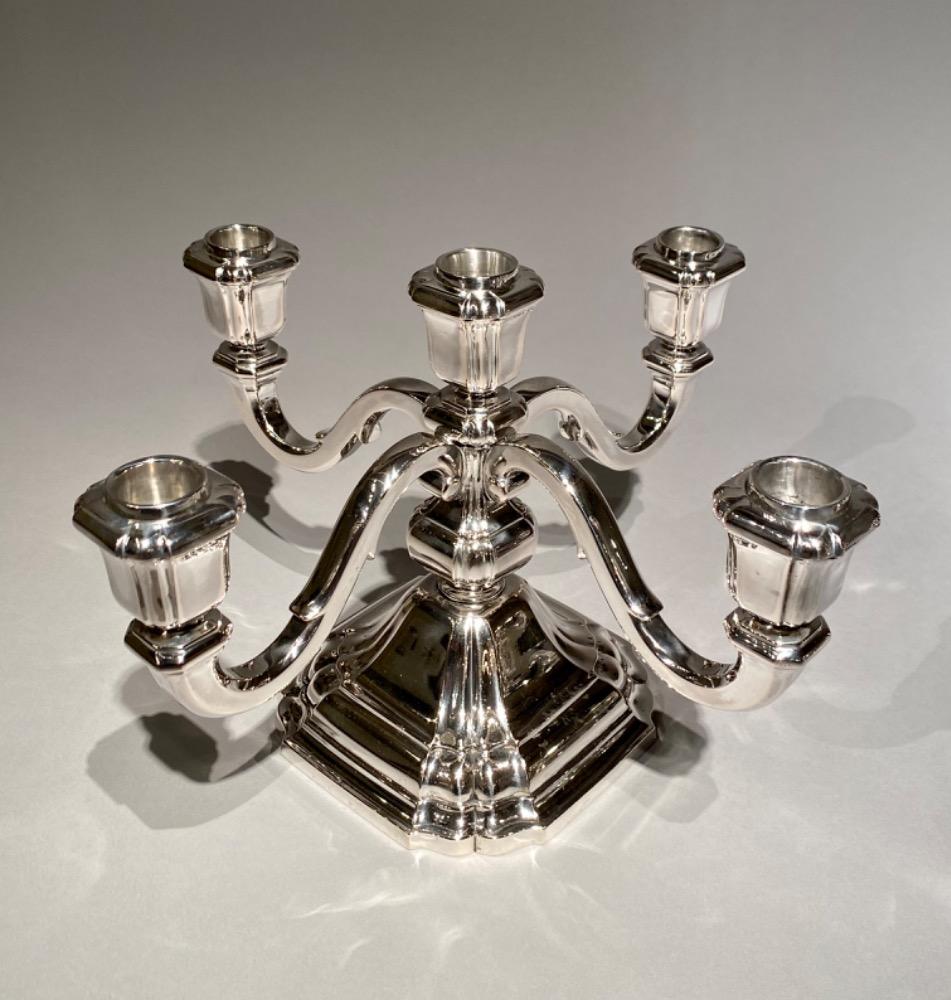 Pair of beautiful five arm solid silver (800/1000) Art Deco candelabra by Raymond Ruys, Antwerp c. 1930s.