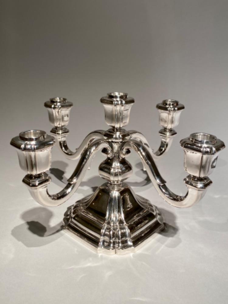 Pair of beautiful five arm solid silver (800/1000) Art Deco candelabra by Raymond Ruys, Antwerp c. 1930s.