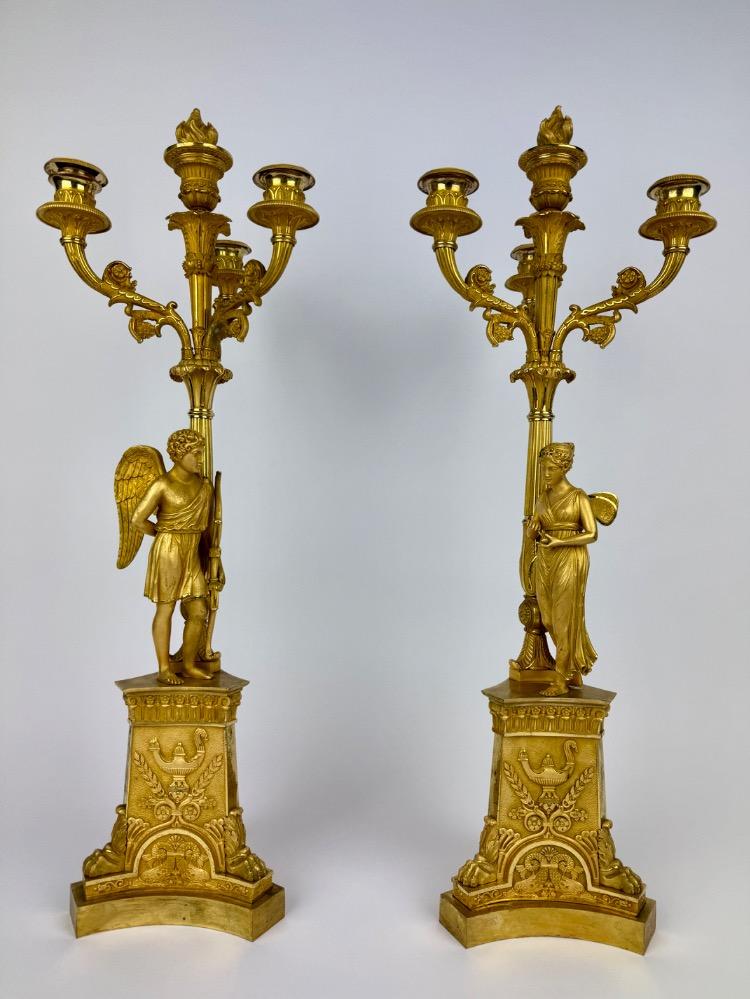 Pair of Empire Gilt Bronze Figural Candelabra