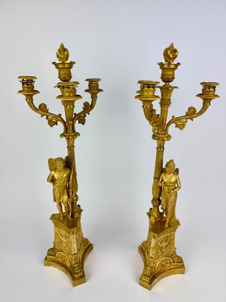 Pair of Empire Gilt Bronze Figural Candelabra