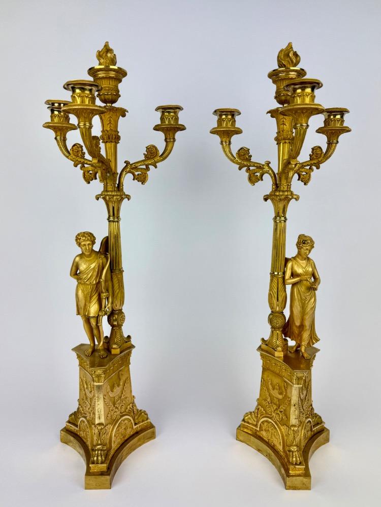 Pair of Empire Gilt Bronze Figural Candelabra