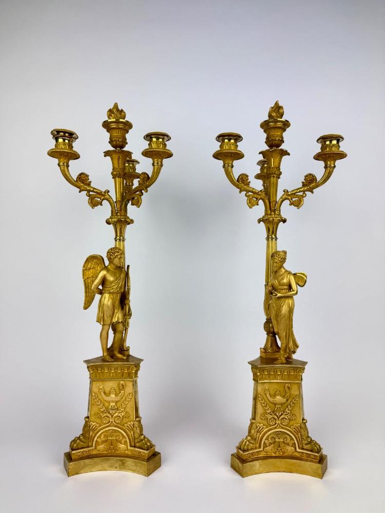 Pair of Empire Gilt Bronze Figural Candelabra