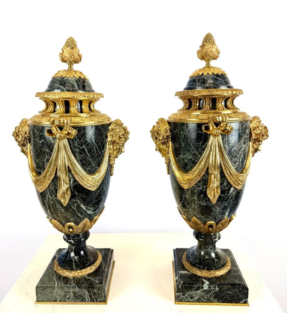 Pair Of Green Marble And Gilt Bronze Cassolettes, 19th Century