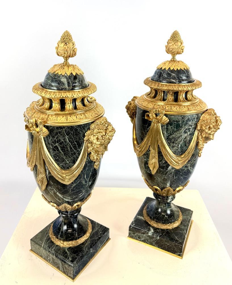 Pair Of Green Marble And Gilt Bronze Cassolettes, 19th Century