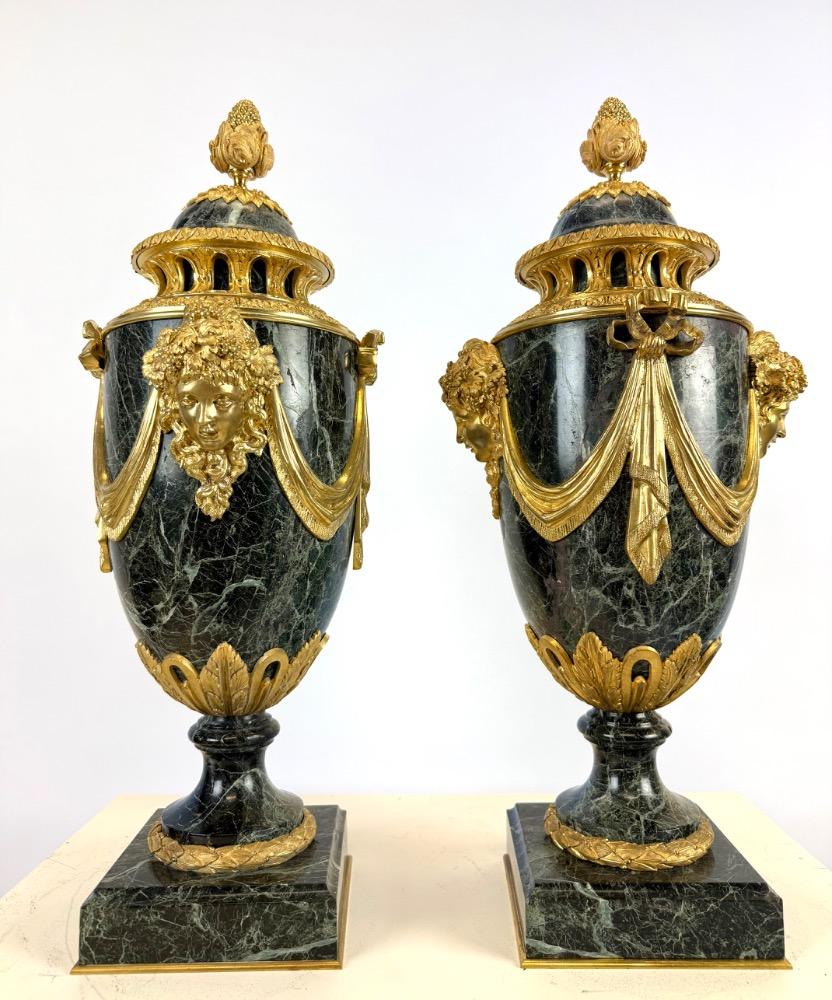 Pair Of Green Marble And Gilt Bronze Cassolettes, 19th Century