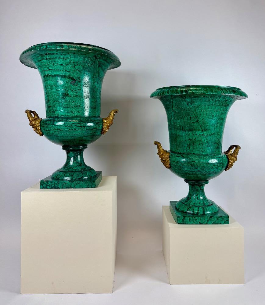 Pair of large mid-20th-century bronze Medici vases with malachite decoration