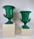 Pair of large mid-20th-century bronze Medici vases with malachite decoration