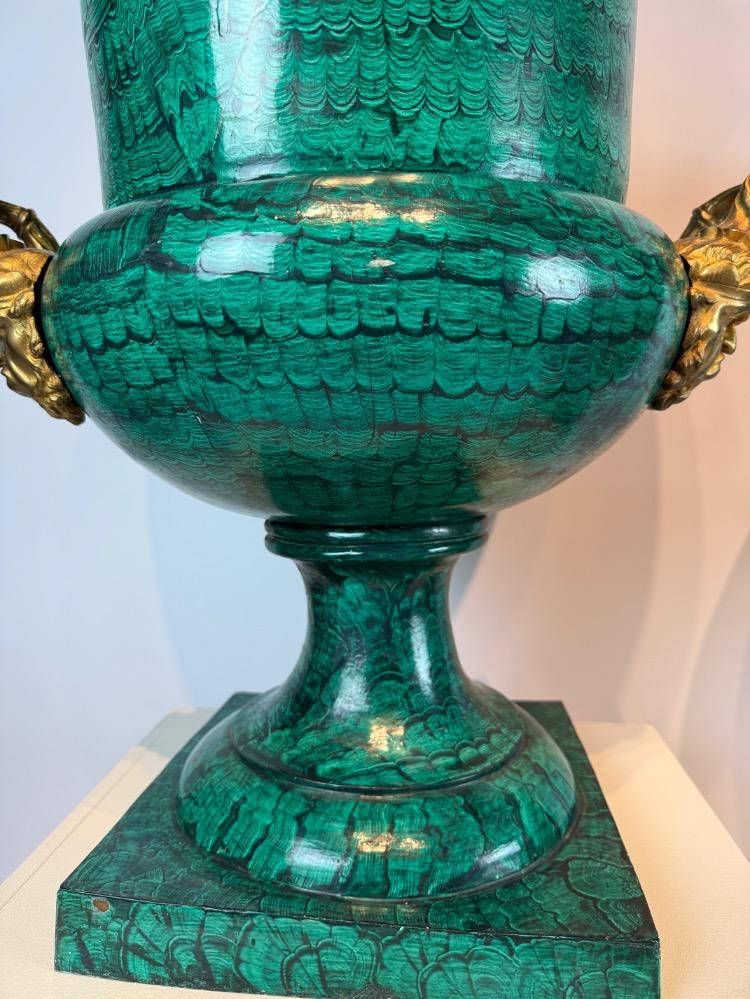 Pair of large mid-20th-century bronze Medici vases with malachite decoration