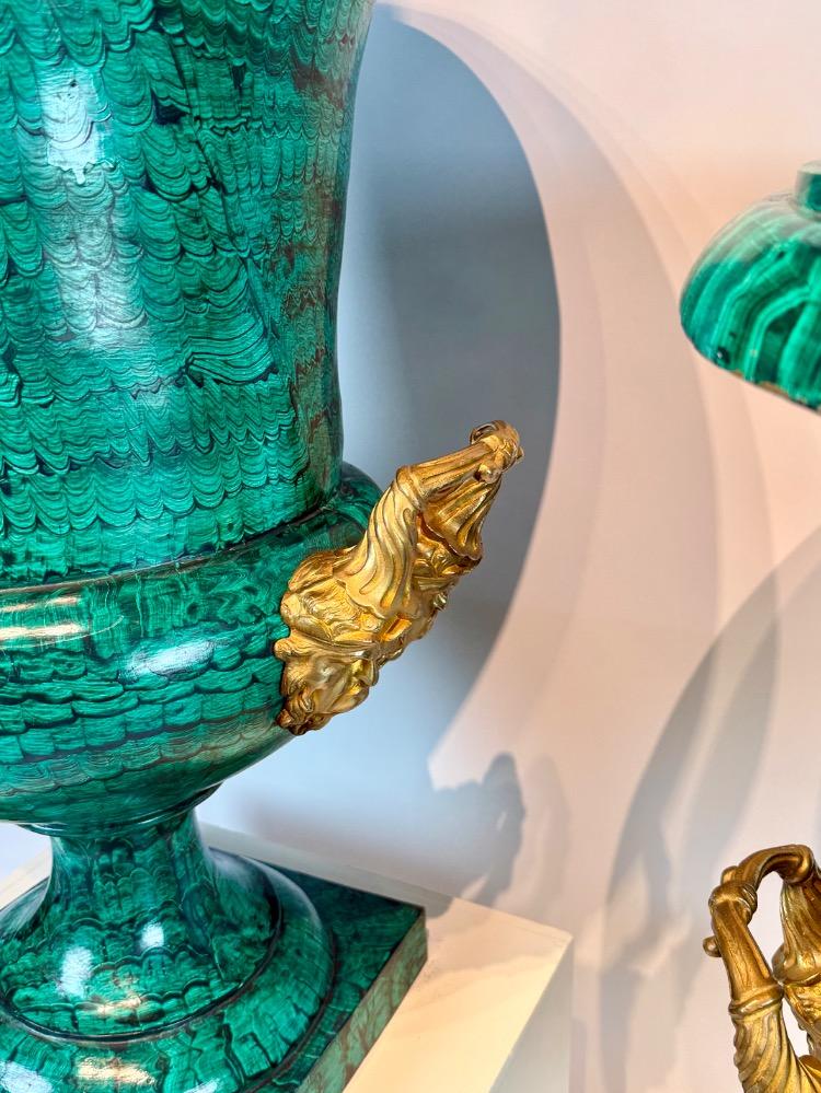 Pair of large mid-20th-century bronze Medici vases with malachite decoration