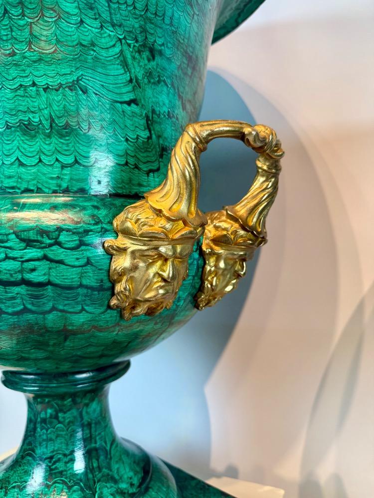 Pair of large mid-20th-century bronze Medici vases with malachite decoration