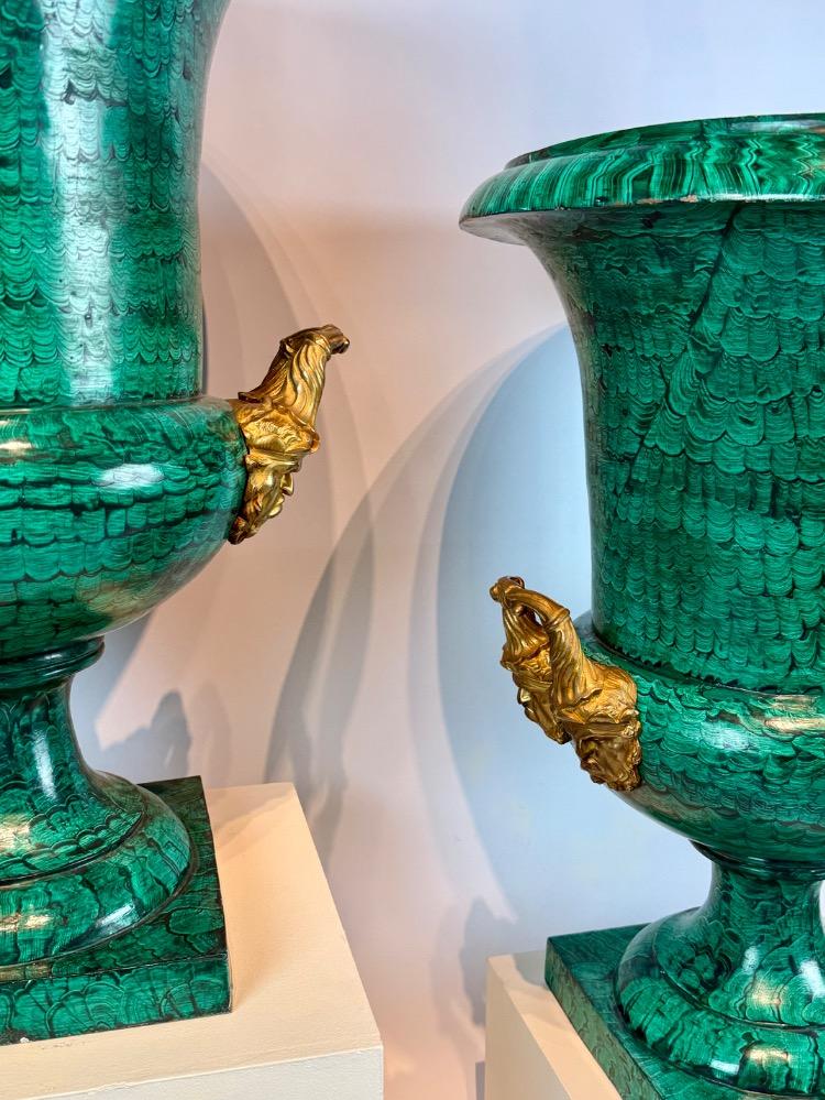 Pair of large mid-20th-century bronze Medici vases with malachite decoration