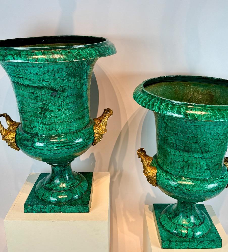 Pair of large mid-20th-century bronze Medici vases with malachite decoration