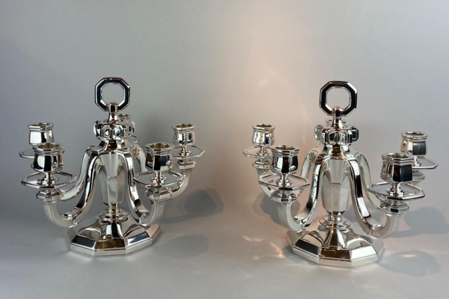 Pair silver Gustave Keller Art Deco candelabra. 