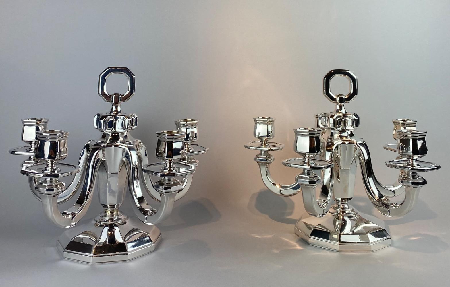 Pair silver Gustave Keller Art Deco candelabra. 