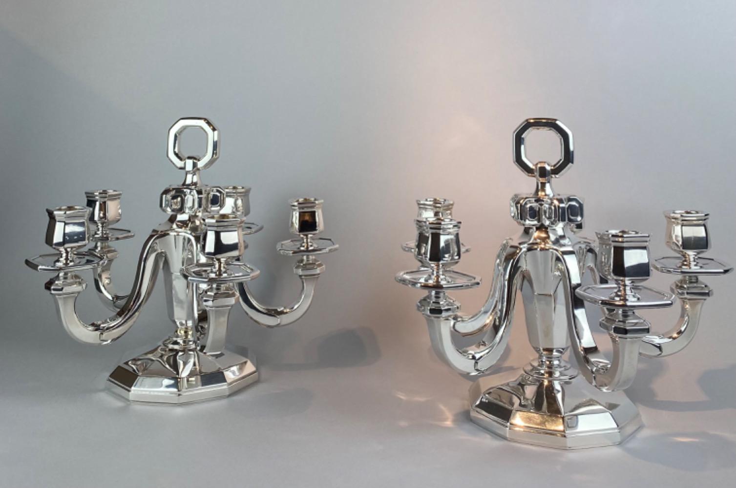 Pair silver Gustave Keller Art Deco candelabra. 