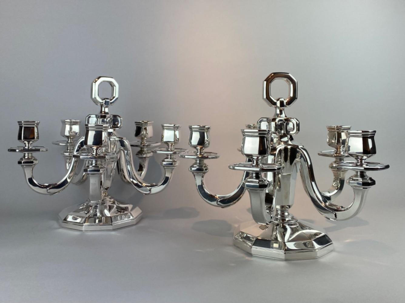 Pair silver Gustave Keller Art Deco candelabra. 