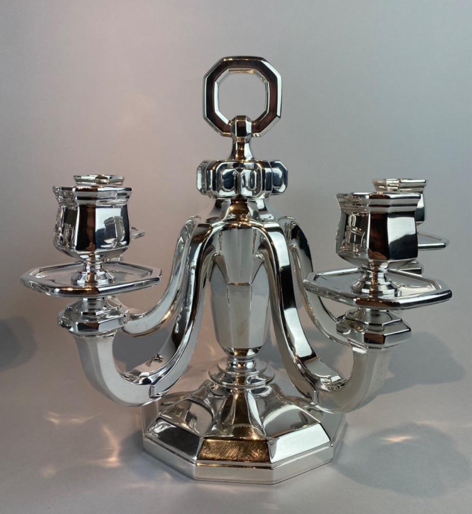 Pair silver Gustave Keller Art Deco candelabra. 