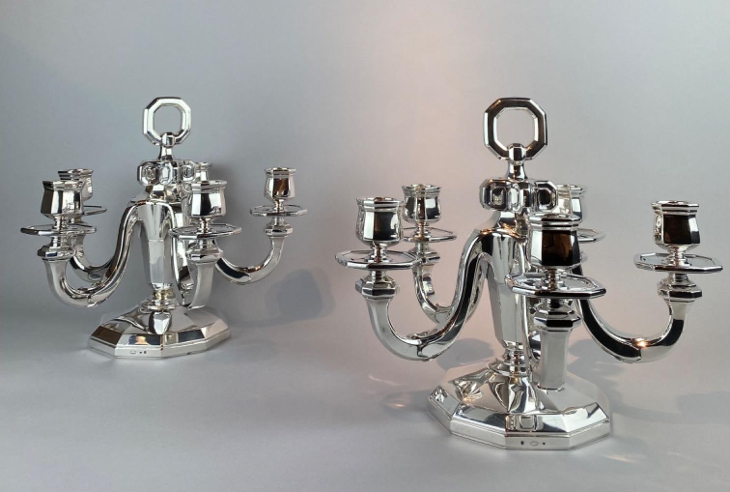 Pair silver Gustave Keller Art Deco candelabra. 