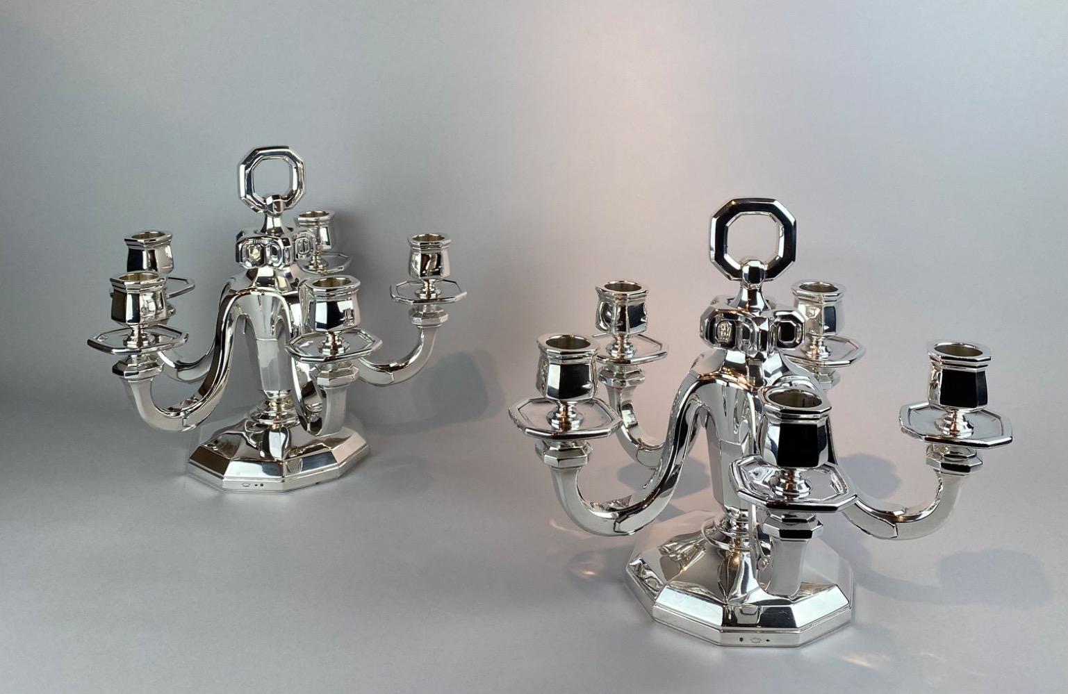 Pair silver Gustave Keller Art Deco candelabra. 