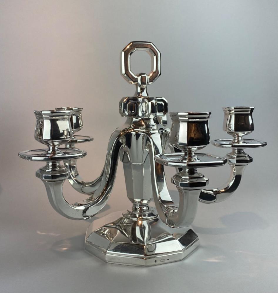 Pair silver Gustave Keller Art Deco candelabra. 