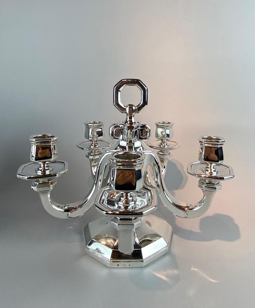 Pair silver Gustave Keller Art Deco candelabra. 