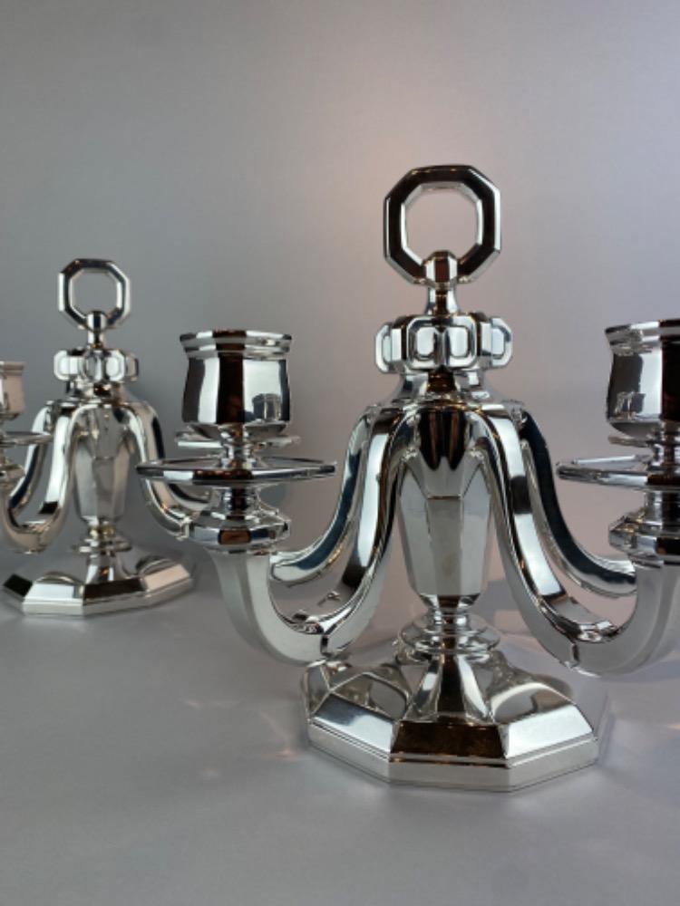 Pair silver Gustave Keller Art Deco candelabra. 